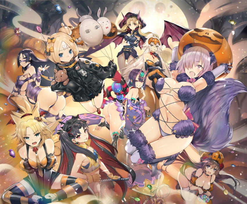 6+girls abigail_williams_(fate) abigail_williams_(traveling_outfit)_(fate) animal_ears ass balloon bandages bandaid bandaid_on_face bandaid_on_forehead bare_shoulders bat_wings belt black_bow black_fundoshi black_hair black_jacket black_thighhighs blonde_hair blue_eyes blush bow braid breasts brown_hair candy cat_ears chaldea_logo chinese_clothes cleavage commentary cropped_vest crossed_bandaids dudou earrings elbow_gloves ereshkigal_(fate) eyeliner fate/grand_order fate_(series) food forehead forehead_jewel french_braid full_moon fundoshi fur-trimmed_gloves fur-trimmed_thighhighs fur_collar fur_trim gloves gourd green_eyes grey_eyes grey_hair grin hair_bun hair_over_one_eye hairbow halloween halloween_costume headpiece highres holding holding_balloon hoop_earrings horns infinity_symbol ishtar_(fate) jack-o'-lantern jacket japanese_clothes jeanne_d'arc_alter_(avenger)_(fate) jeanne_d'arc_alter_(fate) jewelry katana large_breasts light_purple_hair long_hair looking_at_viewer low-tied_long_hair makeup mash_kyrielight mash_kyrielight_(dangerous_beast) mata_hari_(fate) mata_hari_(mata_hari's_tavern)_(fate) minamoto_no_raikou_(fate) moon mordred_(fate) mordred_(fate/apocrypha) multicolored_hair multiple_girls multiple_hair_bows mummy_costume o-ring official_alternate_costume oni open_mouth orange_belt orange_bow orange_thighhighs over-kneehighs parted_bangs polka_dot polka_dot_bow ponytail pumpkin purple_eyes purple_gloves purple_hair purple_tail purple_thighhighs red_eyes red_hair revealing_clothes rope sash short_eyebrows short_hair shorts shuten_douji_(fate) shuten_douji_(halloween_caster)_(fate) sidelocks single_hair_bun skin-covered_horns sleeves_past_fingers sleeves_past_wrists smile space_ishtar_(fate) space_ishtar_(second_ascension)_(fate) striped_clothes striped_thighhighs stuffed_animal stuffed_toy sword tail teddy_(khanshin) teddy_bear thighhighs thighs tiara two-tone_hair two_side_up vertical_stripes very_long_hair vest weapon wings wolf_ears wolf_girl wolf_tail yellow_eyes yellow_gloves yellow_shorts yellow_vest