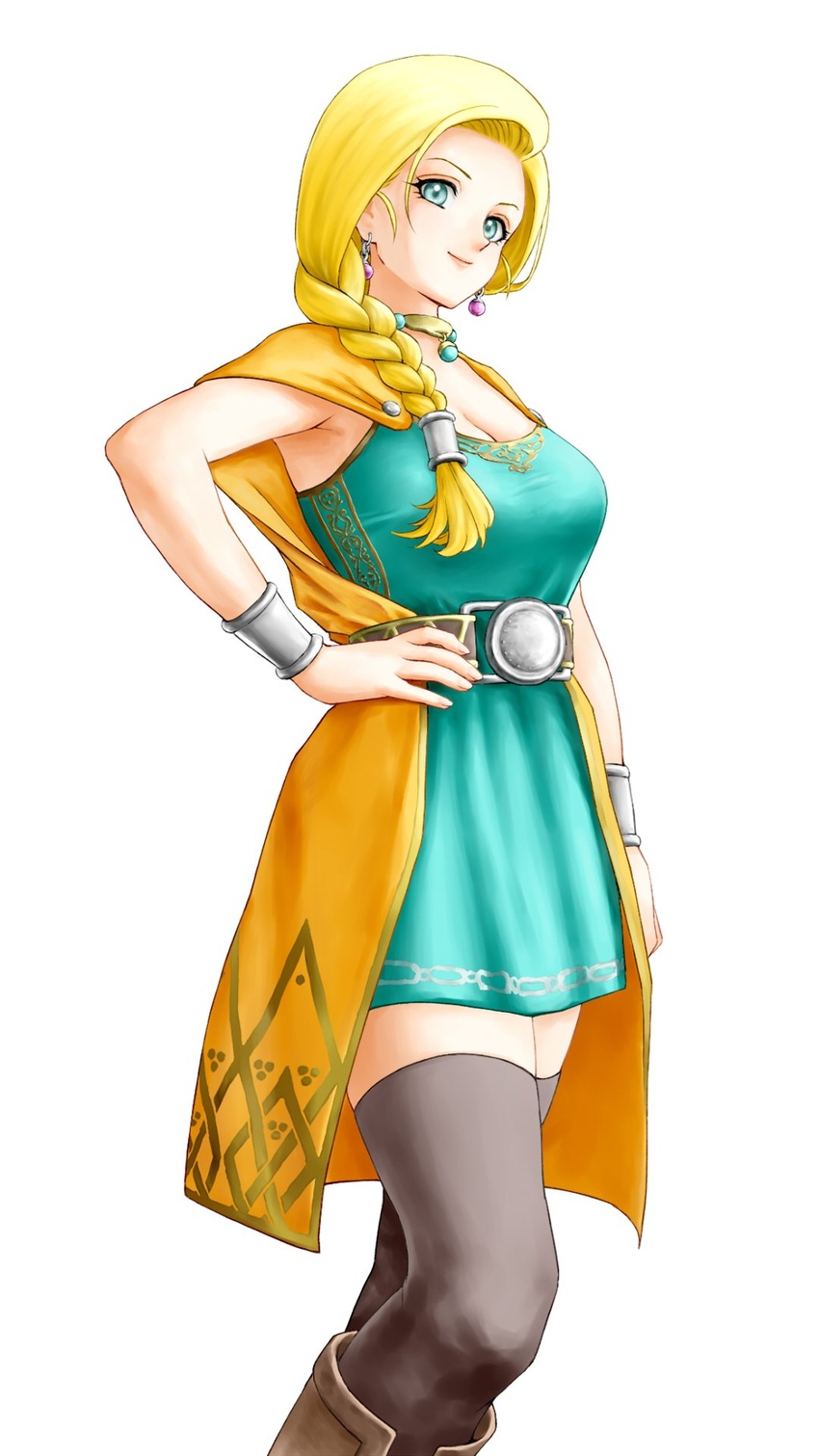 belt bianca_(dq5) blonde_hair blue_eyes boots bracelet braid braided_ponytail breasts brown_footwear brown_thighhighs cape cleavage closed_mouth commentary_request cowboy_shot dragon_quest dragon_quest_heroes dragon_quest_v dress earrings female green_dress hair_over_shoulder hand_on_own_hip highres jewelry knee_boots large_breasts long_hair looking_at_viewer neck_ring orange_cape single_braid sleeveless sleeveless_dress smile solo standing swept_bangs thighhighs white_background x_chitch zettai_ryouiki