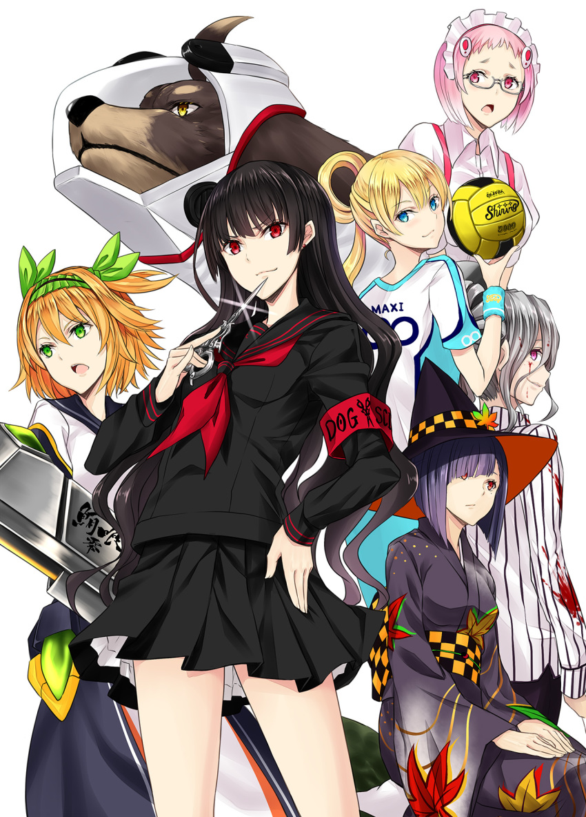 6+girls akizuki_maxi armband bad_id ball black_hair black_headwear black_serafuku black_skirt blonde_hair blue_eyes blunt_bangs breasts canine cover_image dachshund earrings glasses green_eyes green_hairband grey_hair hair_between_eyes hair_rings hairband hands_on_own_thighs harumi_kazuhito harumi_madoka hat headdress highres hiiragi_suzuna hime_cut himehagi_momiji holding holding_scissors inu_to_hasami_wa_tsukaiyou japanese_clothes jewelry kimono layered_skirt leaf long_hair long_sleeves looking_away looking_back looking_to_the_side maple_leaf medium_breasts miniskirt multiple_girls nabeshima_tetsuhiro natsuno_kirihime neckerchief novel_illustration obi official_art oosawa_hami orange_hair pink_hair pleated_skirt print_kimono profile purple_hair red_armband red_eyes red_neckerchief sash school_uniform scissors semi-rimless_eyewear serafuku short_hair short_sleeves sidelocks simple_background sitting skirt small_breasts smile sportswear standing striped stud_earrings teeth under-rim_eyewear upper_teeth_only vertical_stripes very_long_hair waitress white_background witch_hat wristband