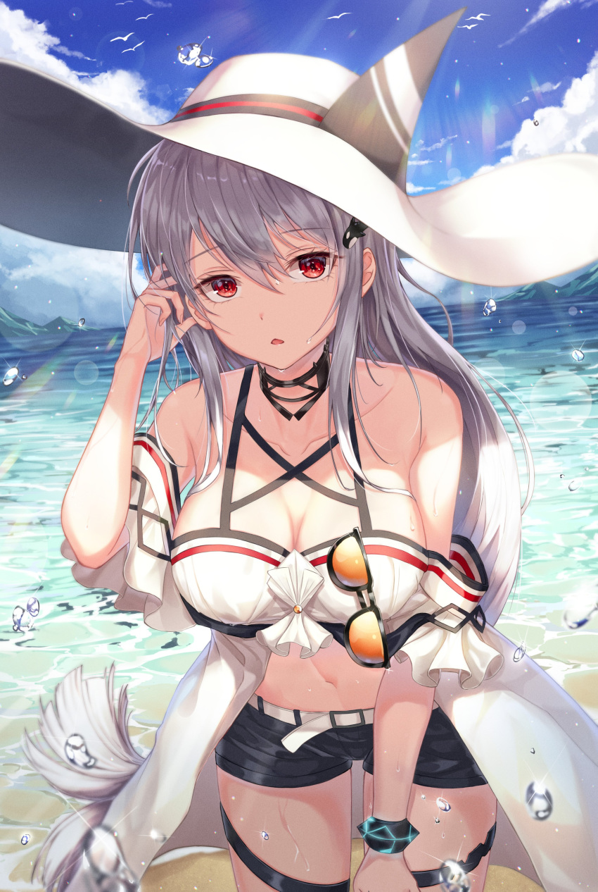 absurdres arknights bare_shoulders beach bikini bikini_shorts black_shorts blue_sky bracelet breasts choker cleavage cloud day fall_(aki) female grey_hair hair_between_eyes hair_ornament hand_in_own_hair hand_up hat highres jewelry large_breasts lens_flare long_hair looking_at_viewer midriff navel off-shoulder_shirt off_shoulder official_alternate_costume outdoors parted_lips red_eyes shirt short_shorts short_sleeves shorts skadi_(arknights) skadi_(waverider)_(arknights) sky solo stomach sun_hat sunglasses swimsuit thigh_strap thighs unworn_eyewear very_long_hair water_drop wet whale_hair_ornament white_shirt