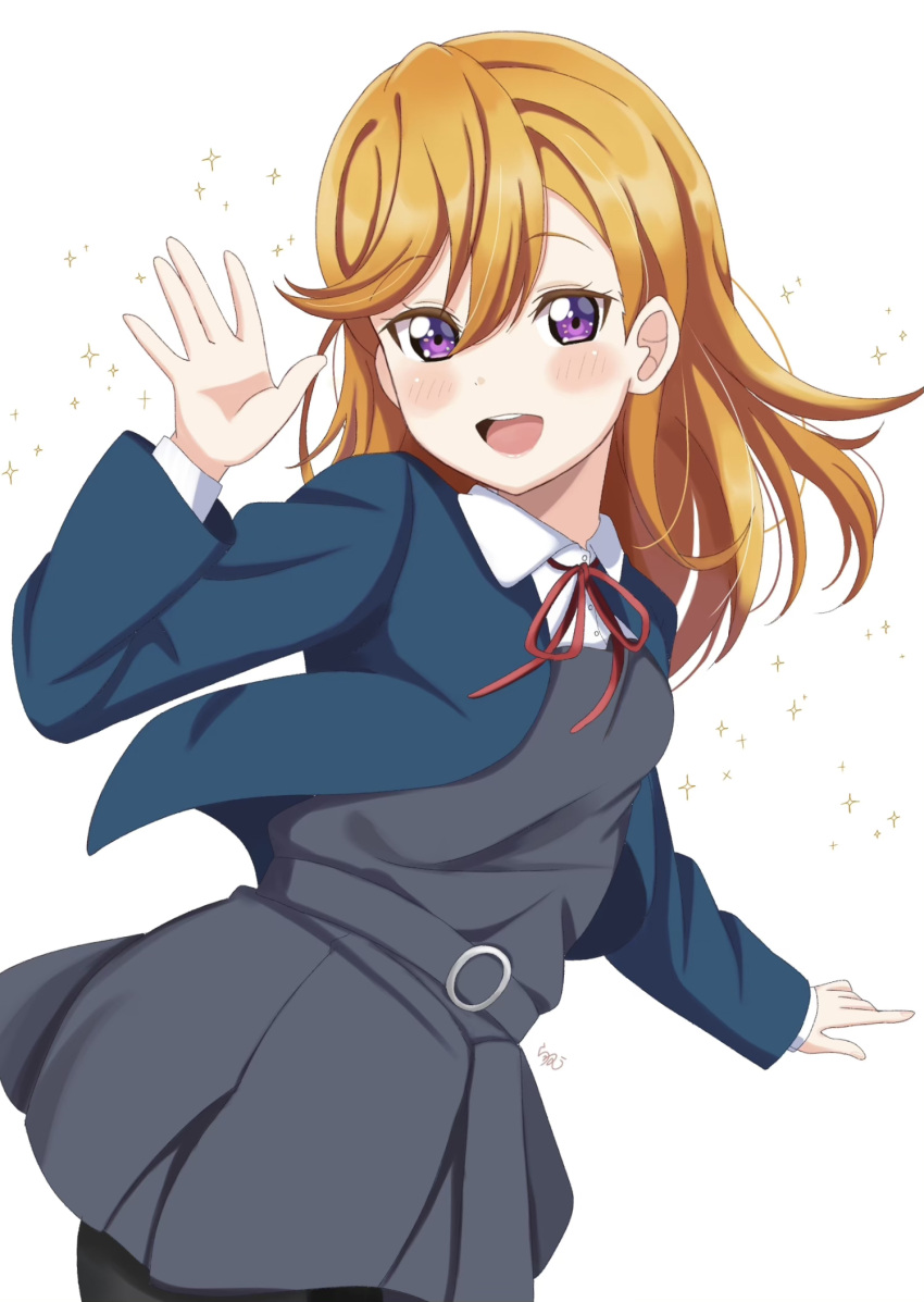 :d belt black_pantyhose blue_jacket blush brown_hair collared_shirt cropped_jacket dress female floating_hair grey_belt grey_dress hair_between_eyes highres jacket long_hair long_sleeves looking_at_viewer love_live! love_live!_superstar!! neck_ribbon open_clothes open_jacket pantyhose pinafore_dress pleated_dress purple_eyes ranemu red_ribbon ribbon school_uniform shibuya_kanon shirt short_dress simple_background sleeveless sleeveless_dress smile solo standing straight_hair waving white_background white_shirt wing_collar yuigaoka_school_uniform