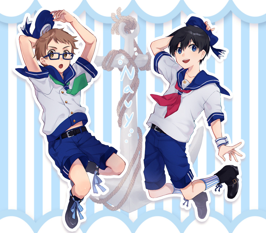 2boys :o anchor bad_id bad_pixiv_id belt black_footwear black_hair blue-framed_eyewear blue_eyes blue_headwear blue_shorts brown_eyes brown_hair glasses hane_(hane_0928) hat highres hoshiai_no_sora katsuragi_maki looking_at_viewer male_focus midriff_peek multiple_boys sailor sailor_hat shinjou_touma shirt short_sleeves shorts socks striped_background striped_clothes striped_socks vertical-striped_clothes vertical-striped_socks white_shirt wrist_cuffs