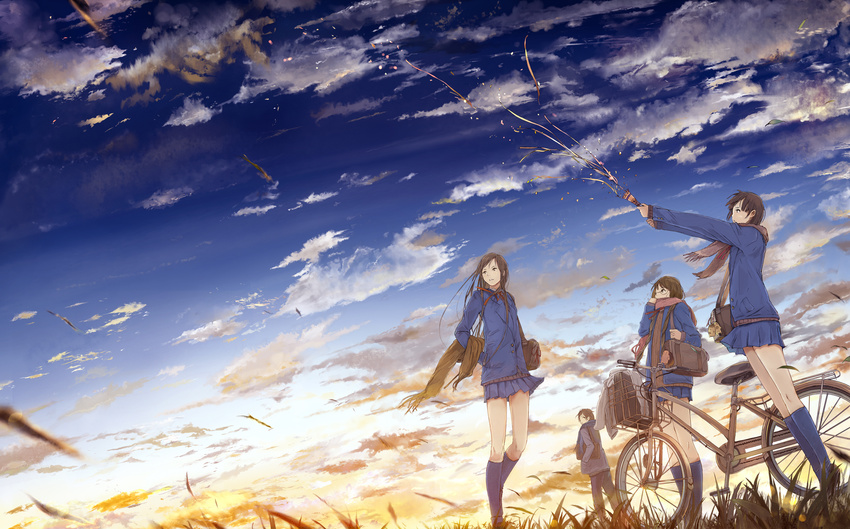 1boy 3girls bag bag_charm basket bicycle bicycle_basket blue_coat blue_legwear blue_skirt blue_sky brown_hair charm_(object) cloud coat commentary_request confetti day from_below glasses grass highres kneehighs lens_flare long_hair miniskirt moka._tapioka multiple_girls original outdoors party_popper photoshop_(medium) pleated_skirt ribbon scarf school_bag school_uniform short_hair skirt sky socks standing streamers unworn_scarf very_long_hair wind