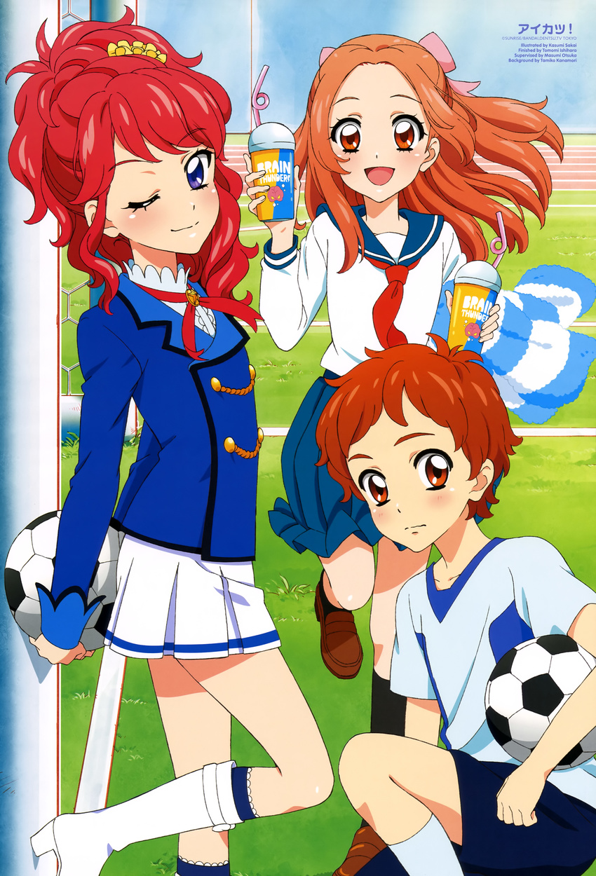 1boy 2girls absurdres aikatsu! aikatsu!_(series) animaga ball blue_eyes boots brown_eyes brown_hair drink highres hoshimiya_raichi imageboard_desourced kurebayashi_juri legs long_hair looking_at_viewer multiple_girls neckerchief non-web_source official_art one_eye_closed otoshiro_noel red_hair red_neckerchief sakai_kasumi school_uniform serafuku short_hair smile soccer_ball socks starlight_academy_school_uniform telstar