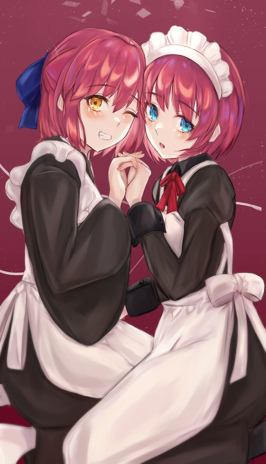 2girls absurdres apron black_pantyhose blue_eyes blue_ribbon blush hair_between_eyes hair_ribbon hand_on_another's_hip highres hisui_(tsukihime) holding_hands klash kohaku_(tsukihime) looking_at_viewer maid maid_apron maid_headdress multiple_girls neck_ribbon one_eye_closed pantyhose red_background red_hair red_ribbon ribbon short_hair siblings sisters socks tsukihime type-moon wa_maid white_apron white_socks wide_sleeves yellow_eyes