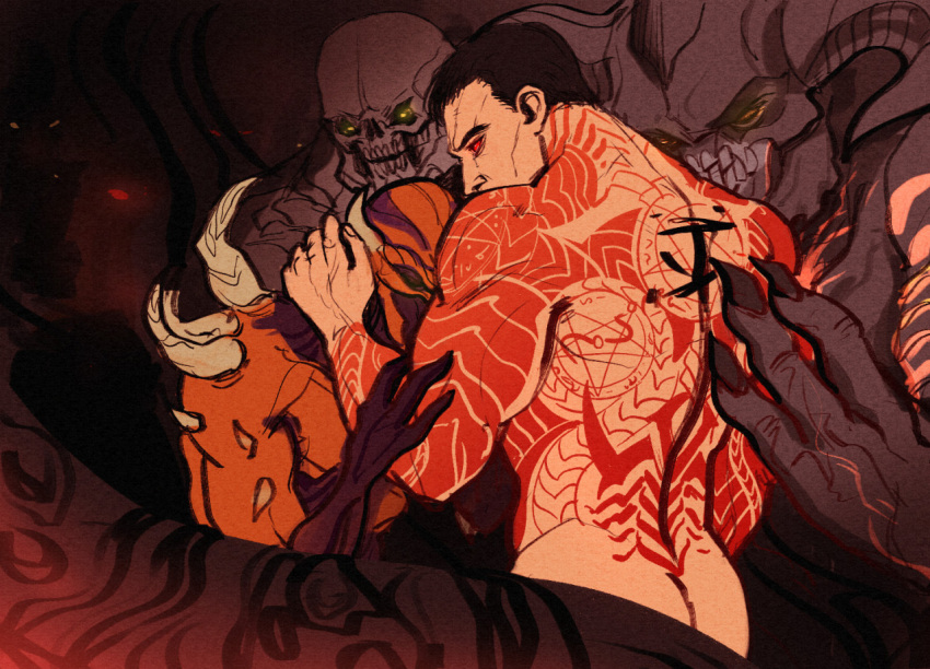 2020 baron_of_hell black_hair davoth_(doom) demon digital_drawing_(artwork) digital_media_(artwork) doom_(series) group hair hand_on_arm hand_on_back hell_knight human humanoid id_software imp_(doom) male mammal microsoft orange_body orange_skin red_eyes spikes spikes_(anatomy) tattoo teeth y-lindermann yellow_eyes