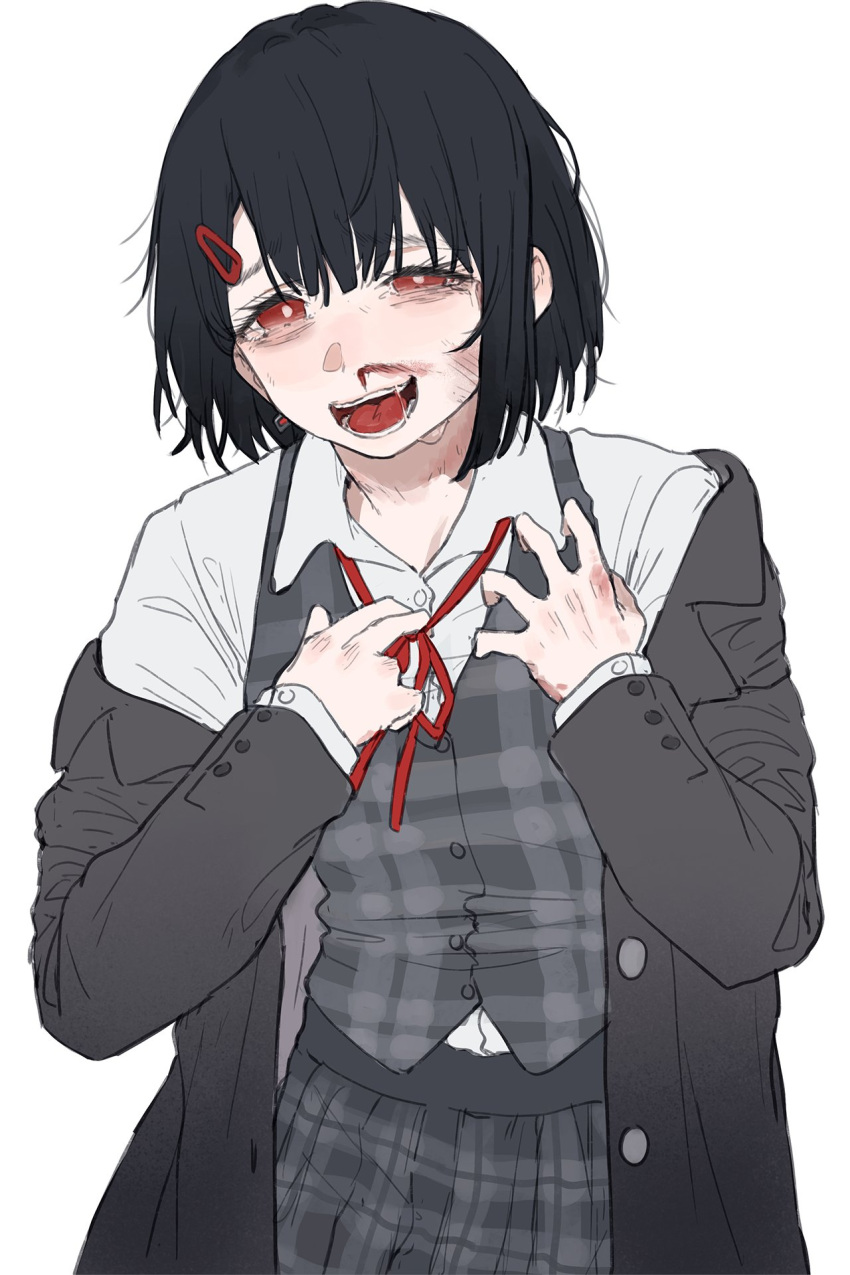 adjusting_neck_ribbon aochoku black_hair black_jacket black_skirt blazer blood blood_on_face blood_on_hands bruise bruised_eye earrings female grey_vest half-closed_eye highres injury jacket jewelry laughing looking_at_viewer messy_hair missing_finger neck_ribbon nosebleed off_shoulder open_mouth original red_ribbon ribbon school_uniform shirt short_hair sidelocks simple_background skirt solo strangulation_mark sweat tearing_up tears upper_body vest white_background white_shirt