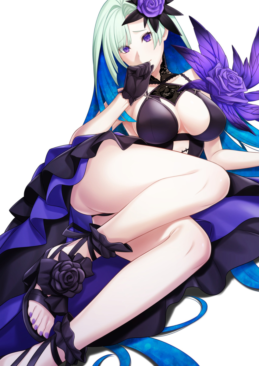 bare_shoulders blue_hair blush breasts brynhildr_(fate) brynhildr_(swimsuit_berserker)_(fate) brynhildr_(swimsuit_berserker)_(second_ascension)_(fate) cleavage fate/grand_order fate_(series) female flower grey_hair hair_flower hair_ornament high_heels highres large_breasts legs long_hair looking_at_viewer multicolored_hair rose simple_background toes two-tone_hair very_long_hair white_background zaregoto_tsukai_no_deshi