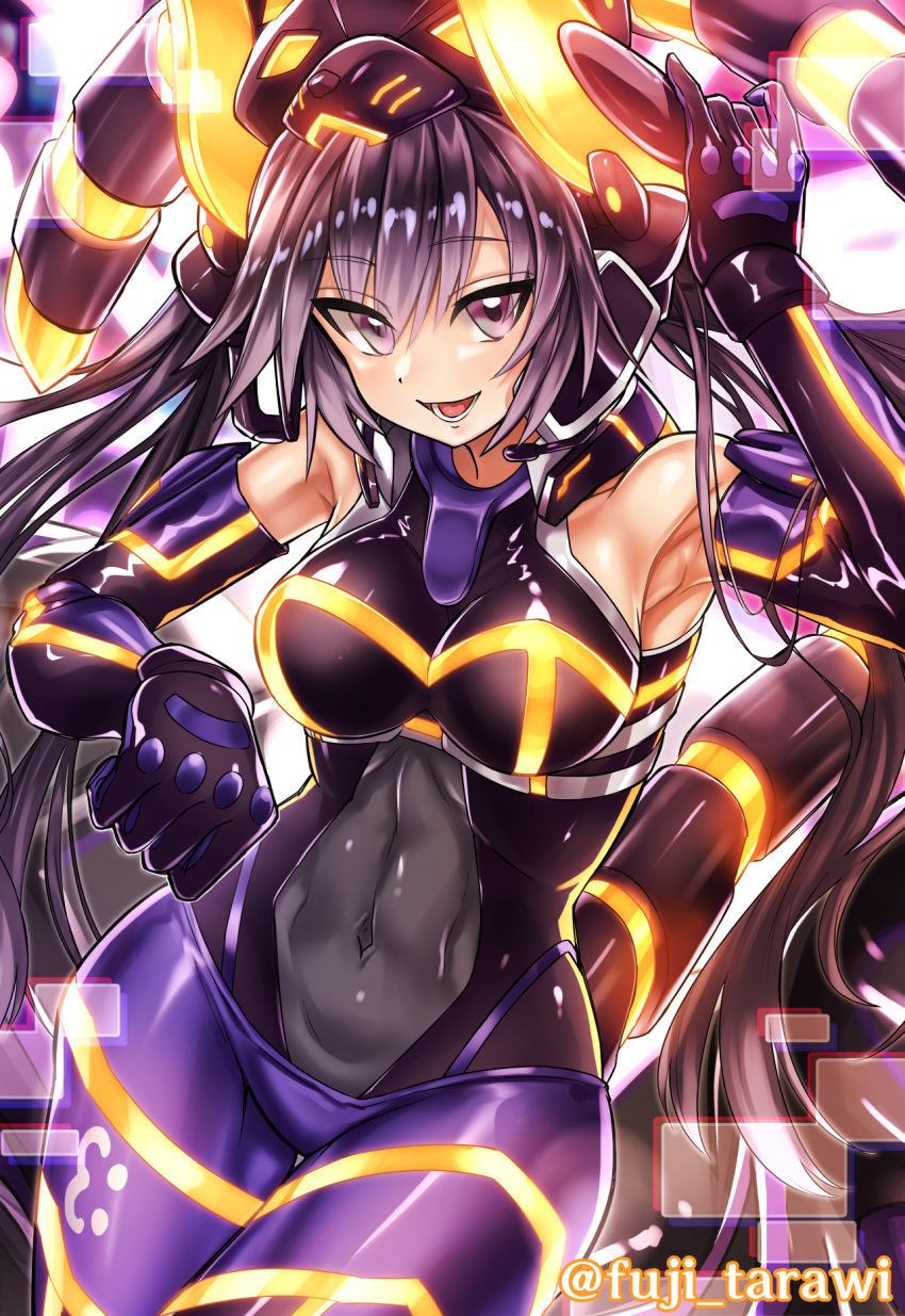 :d abstract_background arm_up armpits bare_shoulders black_gloves black_hair black_leotard breasts cat_mask cat_tail clothing_cutout commentary covered_navel cowboy_shot duel_monster earpiece elbow_gloves fake_tail female fuji_tarawi gloves hair_between_eyes headgear highres i:p_masquerena large_breasts leotard long_hair looking_at_viewer lower_teeth_only mask navel_cutout official_alternate_costume open_mouth pants purple_eyes purple_pants sidelocks smile solo standing tail teeth tight_clothes tight_pants toned twintails twitter_username very_long_hair yu-gi-oh!