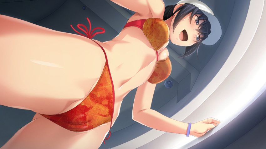 :d armpits baseball_cap bikini black_hair blue_eyes blush bracelet breasts cleavage female from_below game_cg hair_between_eyes hat inkou_kyakusen_uzushio jewelry kawanishi_ruka medium_breasts navel orange_bikini sakurajima_saromako short_hair side-tie_bikini_bottom smile solo standing sweatdrop swimsuit white_hat