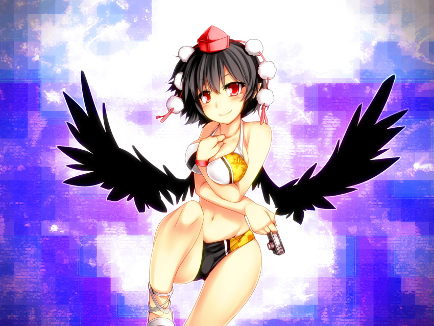 adapted_costume bare_shoulders bikini black_hair black_wings blush camera commentary_request female hat highres kazetto looking_at_viewer navel photoshop_(medium) pointy_ears red_eyes shameimaru_aya short_hair solo swimsuit tokin_hat touhou wings