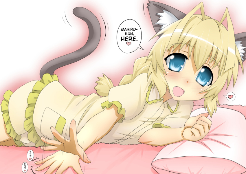 1boy ahoge animal_ears antenna_hair bed blonde_hair blue_eyes blush bow braid cat_ears cat_tail hairbow haiyore!_nyaruko-san hard_translated hastur_(nyaruko-san) heart long_hair male male_focus oerba_yun_fang open_mouth pajamas pillow single_braid smile solo tail translated trap