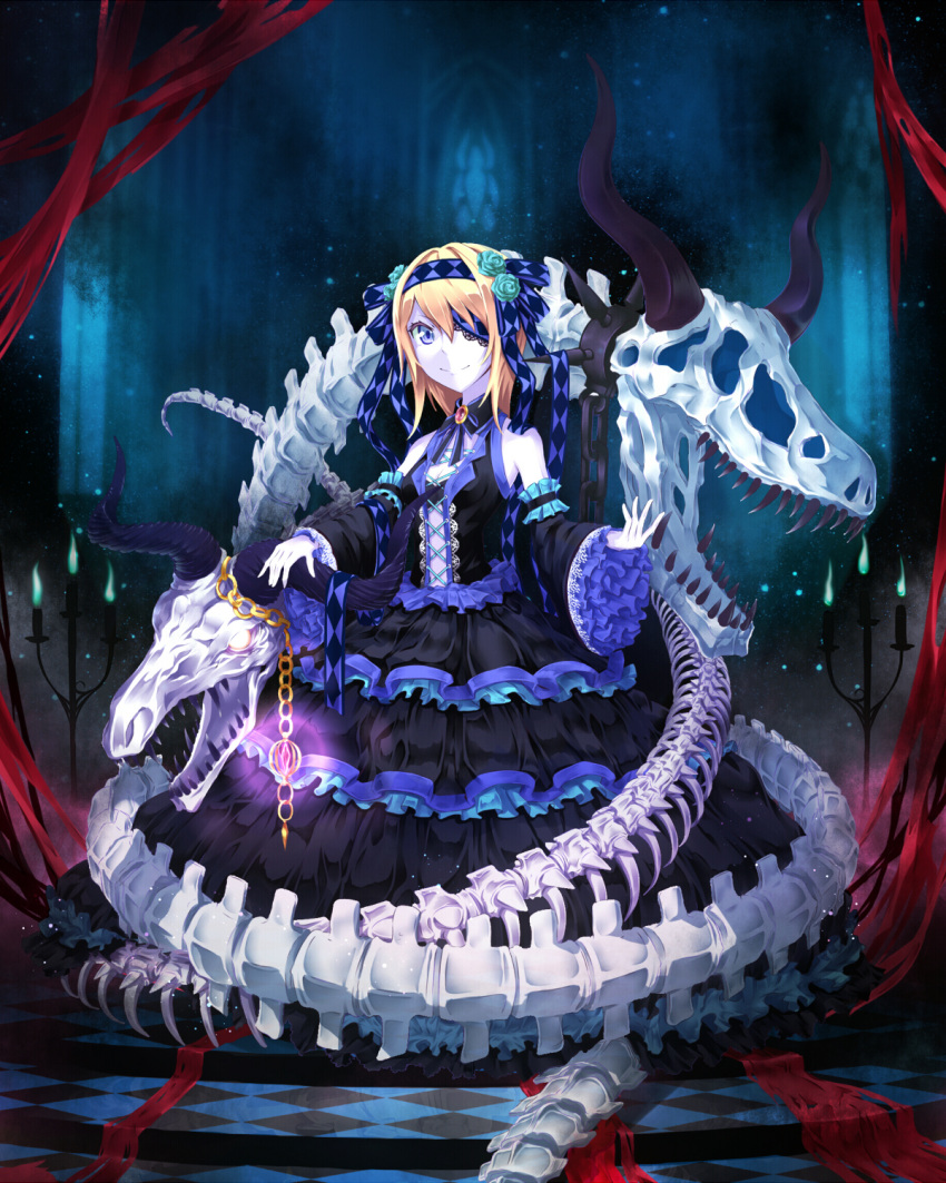 argyle bad_id bad_pixiv_id bare_shoulders blonde_hair blue_eyes blue_flower blue_rose chains detached_sleeves dress female flower frills gothic_lolita hair_flower hair_ornament hair_ribbon highres horns lolita_fashion looking_at_viewer one_eye_covered original puuzaki_puuna ribbon rose short_hair skeleton smile spine