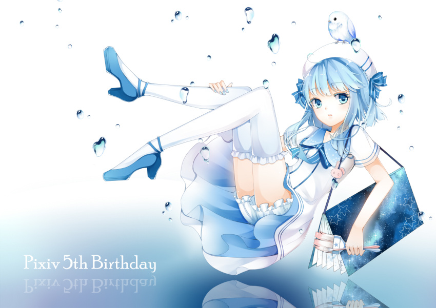 bad_id bad_pixiv_id bird birthday bloomers blue_eyes blue_hair book dress female hat high_heels nail_polish original paintbrush pixiv pixiv-tan reflection ribbon shoes solo stari thighhighs trim_brush underwear water_drop white_thighhighs