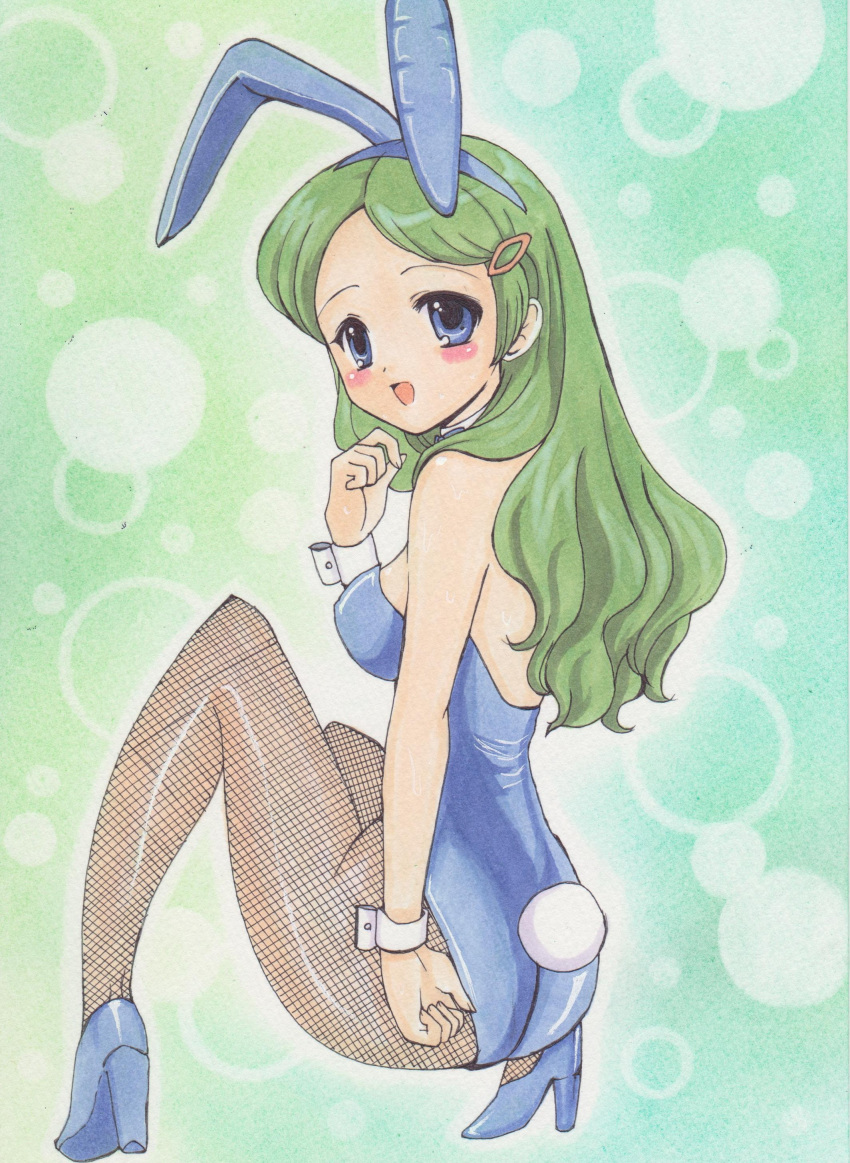 absurdres animal_ears ass back bad_id bad_pixiv_id blue_eyes blue_leotard breasts female fishnet_pantyhose fishnets green_background green_hair high_heels highres kimidori_emiri leotard long_hair marker_(medium) medium_breasts official_alternate_costume open_mouth pantyhose playboy_bunny rabbit rabbit_ears rabbit_tail rascal_(n119) shoes smile solo suzumiya_haruhi_no_yuuutsu tail traditional_media