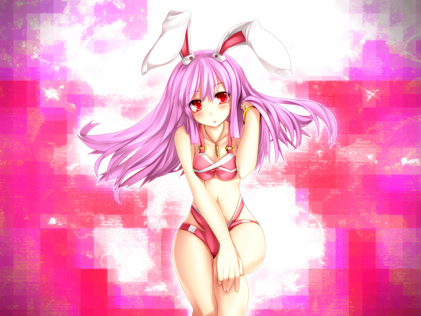 :o animal_ears bikini blush bracelet commentary_request female highres jewelry kazetto long_hair looking_at_viewer necklace pendant photoshop_(medium) pink_bikini pink_hair rabbit_ears red_eyes reisen_udongein_inaba solo swimsuit touhou