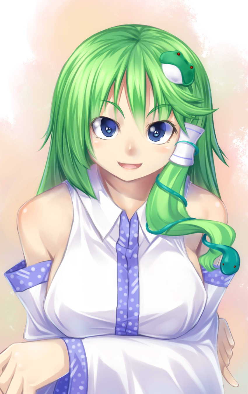 :d absurdres bare_shoulders blue_eyes commentary_request detached_sleeves female frog_hair_ornament green_hair h_kasei hair_ornament hair_tubes highres kochiya_sanae long_hair looking_at_viewer open_mouth pinky_out smile snake solo touhou upper_body