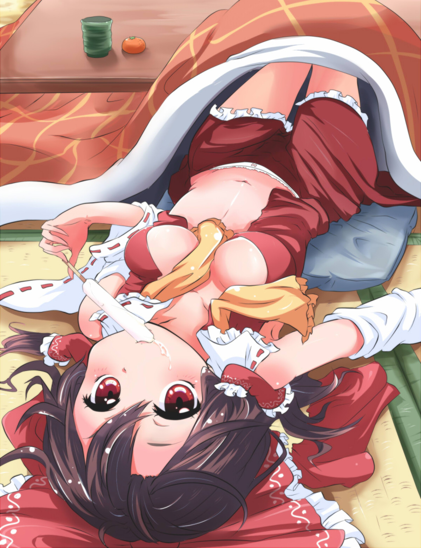 ascot bare_shoulders black_hair blush bow breasts commentary_request cup detached_sleeves female food fruit hairbow hakurei_reimu highres kotatsu long_hair looking_at_viewer lying mandarin_orange medium_breasts navel negiko on_back open_clothes open_shirt panties popsicle red_bow red_eyes shirt skirt skirt_set solo table touhou underwear white_panties