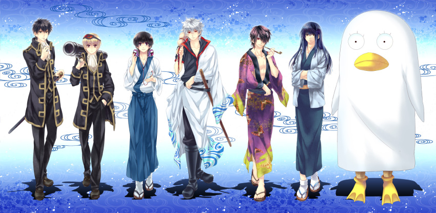 6+boys bandage_over_one_eye black_hair brown_eyes brown_hair commentary_request elizabeth_(gintama) gintama grey_hair gun hadanugi_dousa headphones highres hijikata_toushirou iniown japanese_clothes katsura_kotarou kimono kiseru long_hair long_sleeves male_focus military military_uniform multiple_boys okita_sougo open_clothes open_kimono photoshop_(medium) red_eyes sakata_gintoki shimura_shinpachi short_sleeves sleep_mask smoking_pipe takasugi_shinsuke uniform weapon