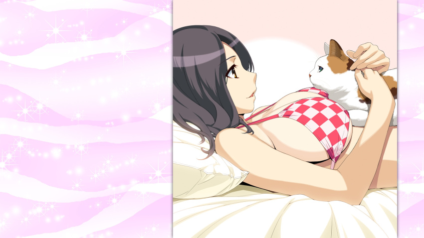 bed bikini black_hair breasts checkered_bikini checkered_clothes cleavage colored_sclera cut-in feline female green_sclera highres ino_(magloid) large_breasts lying on_back on_bed open_mouth pillow pink_background profile short_hair sideboob smile swimsuit techgian upper_body