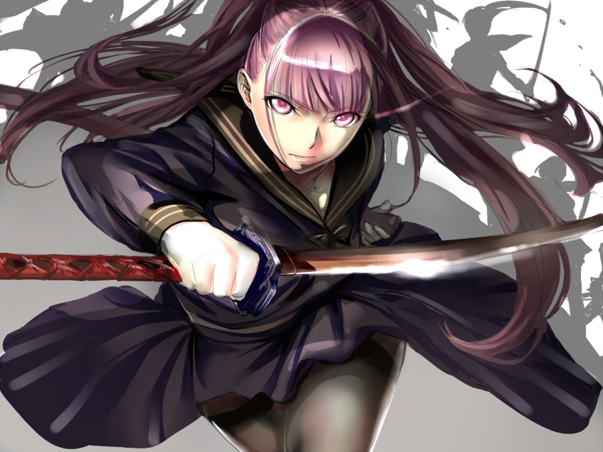 bad_id bad_pixiv_id black_pantyhose circle_skirt dodai_shouji female highres katana long_hair original pantyhose purple_eyes purple_hair school_uniform serafuku serious shadow sheath skirt solo sword thighband_pantyhose weapon