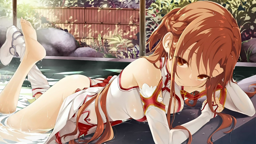 ass asuna_(sao) bare_shoulders barefoot boots brown_eyes brown_hair buriki detached_sleeves eyecatch feet female highres lips long_hair looking_at_viewer lying official_art on_stomach panties partially_submerged single_shoe single_thighhigh skirt skirt_lift solo sword_art_online thighhighs toes underwear upskirt water wet wet_clothes wet_hair white_legwear white_panties