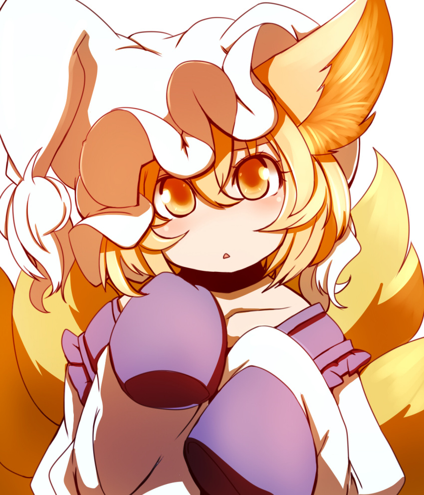 aged_down animal_ears blonde_hair blush commentary_request dearmybrothers female fox_ears fox_tail hat highres looking_at_viewer multiple_tails oversized_clothes short_hair sleeves_past_fingers sleeves_past_wrists solo tail touhou yakumo_ran yellow_eyes