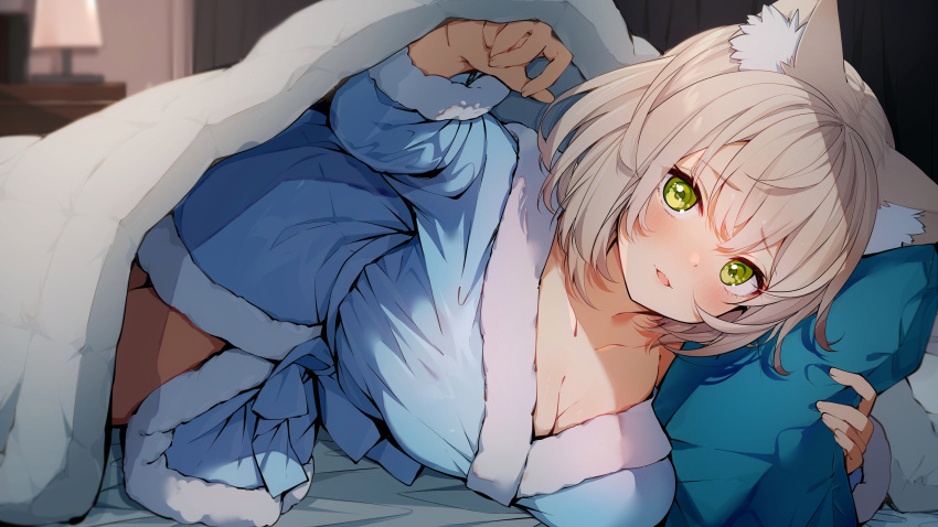 absurdres animal_ear_fluff animal_ears bed bed_sheet blue_pajamas blurry blurry_background blush breasts cat_ears cat_girl cleavage collarbone commission darjeeling_(reley) female fur-trimmed_pajamas fur_trim futon green_eyes grey_hair guild_cq highres itou_yuna large_breasts looking_at_viewer lying on_bed on_side open_mouth pajamas pillow second-party_source skeb_commission smile solo virtual_youtuber