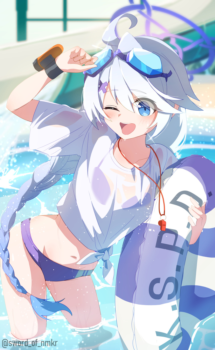 absurdres ahoge bikini bikini_under_clothes blue_archive blue_eyes blush braid breasts cowboy_shot eyewear_on_head female grey_hair highres kirino_(blue_archive) kirino_(swimsuit)_(blue_archive) lifebuoy long_hair looking_at_viewer murasame_(sword_of_nmkr) navel official_alternate_costume one_eye_closed open_mouth purple_bikini see-through see-through_shirt shirt short_sleeves single_braid small_breasts smile solo swim_ring swimsuit wading water wet wet_clothes wet_shirt white_shirt