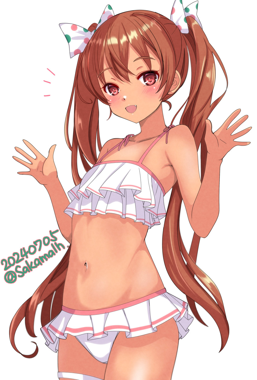 absurdres bikini bikini_skirt blush bow brown_eyes brown_hair cowboy_shot dark-skinned_female dark_skin dated female frilled_bikini frilled_tankini frills hair_ribbon highres kantai_collection libeccio_(kancolle) libeccio_(swimsuit_mode)_(kancolle) long_hair looking_at_viewer multicolored_bandeau nitamako_(sakamalh) official_alternate_costume polka_dot polka_dot_bow polka_dot_ribbon ribbon simple_background smile solo swimsuit twintails twitter_username white_bikini white_tankini