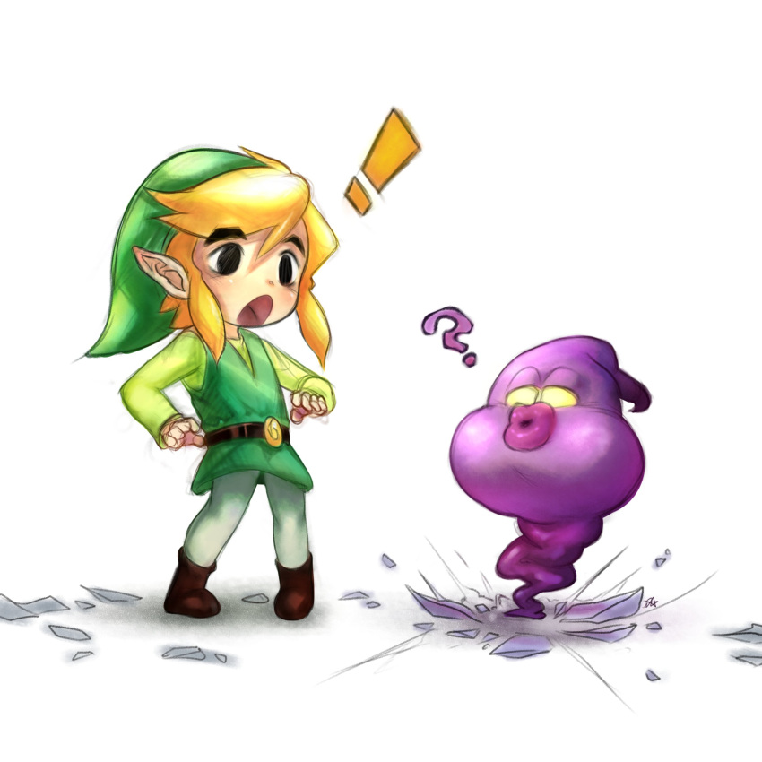 absurd_res blonde_hair boots clothing crossover duo eye_contact footwear ghost hair hi_res humanoid humanoid_pointy_ears hylian jarvis_(luigi's_mansion) light_body light_skin looking_at_another luigi's_mansion male mario_bros nintendo not_furry onimiere open_mouth puffy_lips purple_body simple_background spirit surprised_expression the_legend_of_zelda toon_link wind_waker