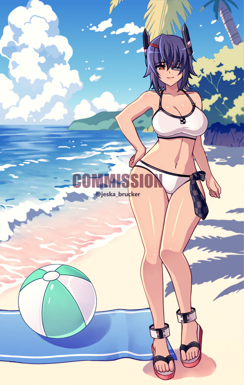 absurdres ball beach beachball bikini blue_sky breasts checkered_necktie cloud commission day english_commentary eyepatch female full_body headgear highres horizon jeska_brucker kantai_collection large_breasts necktie ocean official_alternate_costume outdoors purple_hair short_hair sky solo swimsuit tenryuu_(kancolle) tenryuu_(swimsuit_mode)_(kancolle) thigh_gap unworn_necktie white_bikini yellow_eyes