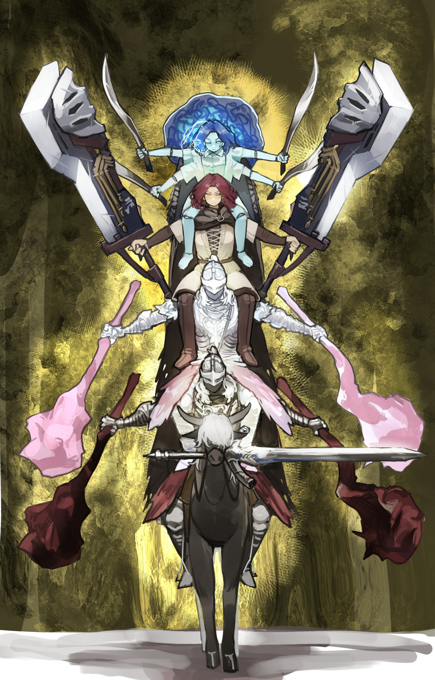 absurdres armor blue_hair brown_hair club_(weapon) doll_joints dual_wielding elden_ring extra_arms extra_faces full_armor hat highres holding joints large_hat looking_at_viewer melina_(elden_ring) miao_jiangyou mimic_tear_(elden_ring) mouth_hold ranni_the_witch riding sitting_on_shoulder sword tarnished_(elden_ring) torrent_(elden_ring) weapon white_hair witch_hat