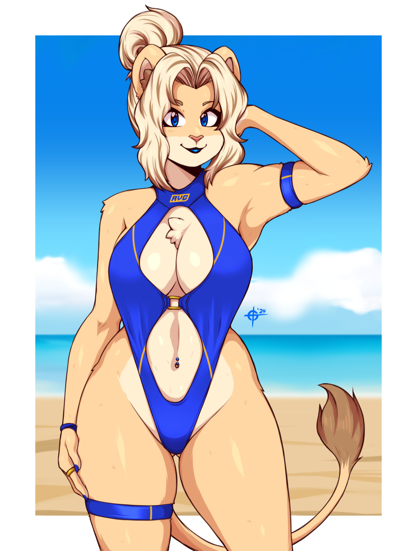 2024 absurd_res anthro arm_tuft armband ass beach blonde_hair blue_clothing blue_eyes blue_swimwear breasts butt_from_the_front chest_tuft cleavage clothed clothing eyebrows felid female fur glistening hair hair_bun hand_on_hip hi_res inner_ear_fluff legband lion looking_at_viewer mammal navel navel_piercing one-piece_swimsuit outside pantherine piercing ravagaard reina_(ravagaard) shoulder_tuft solo swimwear tail tail_tuft tan_body tan_fur thighband tuft wristband