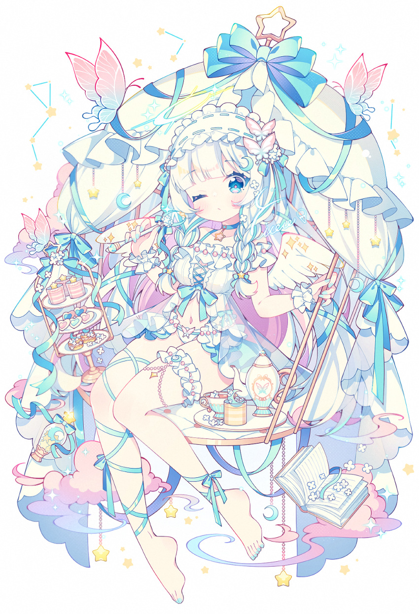 barefoot bed blue_bow blue_eyes blue_hair blue_nails blue_ribbon blush book bookmark bow braid bug butterfly canopy_bed cloud colored_inner_hair commentary crescent cup cupcake dress female food headdress highres holding holding_spoon hyou_(pixiv3677917) leg_ribbon long_hair looking_at_viewer midriff multicolored_hair nail_polish one_eye_closed open_book original pink_hair plate ribbon simple_background solo spoon star_(symbol) stool streaked_hair symbol-shaped_pupils table teacup teapot tiered_tray toenail_polish toenails twin_braids white_background white_dress white_hair white_headdress white_wings wings