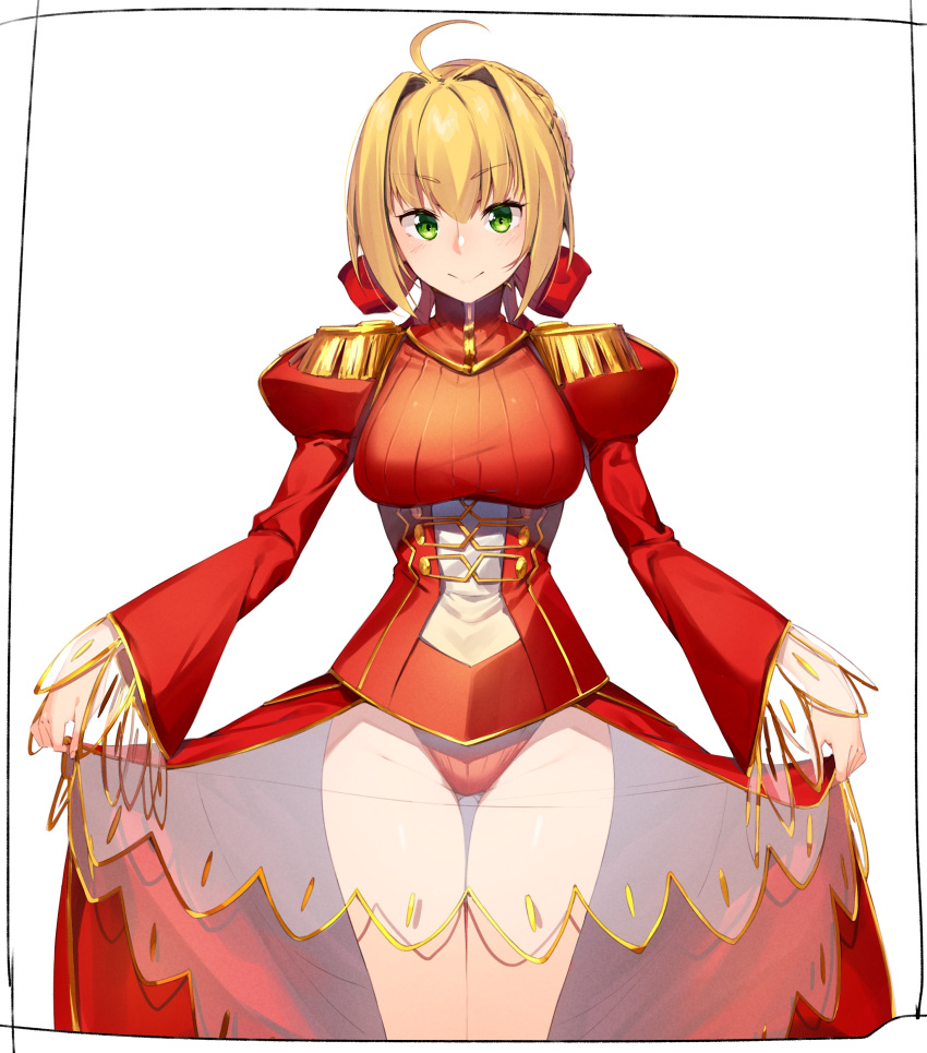 absurdres adapted_costume ahoge blonde_hair blush breasts closed_mouth commentary_request cowboy_shot dress epaulettes fate/grand_order fate_(series) female green_eyes hair_intakes hair_ribbon heattech_leotard highres juliet_sleeves kei_(soundcross) large_breasts legs_together leotard leotard_under_clothes long_sleeves mole mole_under_eye nero_claudius_(fate) nero_claudius_(fate/extra) puffy_sleeves red_dress red_leotard red_ribbon ribbon see-through short_hair simple_background skirt_hold smile solo standing thigh_gap thighs underbust v-shaped_eyebrows white_background