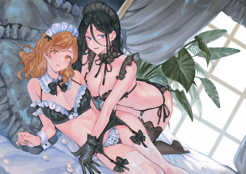 2girls all_fours bikini black_bikini black_garter_belt black_gloves black_hair black_thighhighs blue_eyes breasts brown_eyes brown_hair choker frilled_bikini frilled_choker frills garter_belt gloves hair_between_eyes highres large_breasts long_hair looking_at_viewer lying maid maid_bikini maid_headdress multiple_girls on_side school_girl_strikers shinonome_ryouko shiranui_hazuki swimsuit thighhighs unconventional_maid uni_(melm) white_thighhighs wrist_cuffs