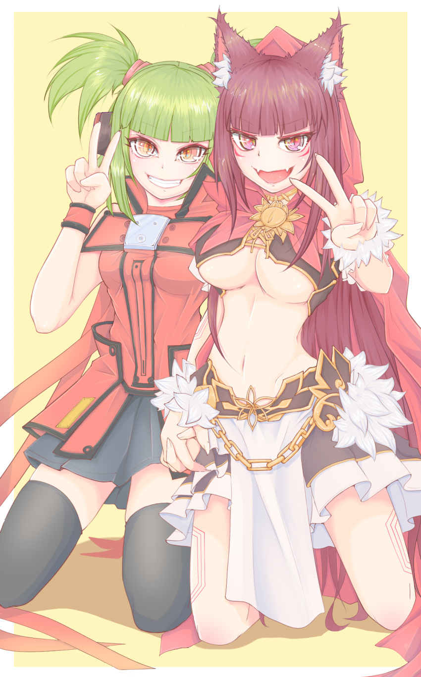 2girls animal_ears beatmania_iidx black_shirt black_skirt black_thighhighs blunt_bangs breasts brown_eyes brown_hair cape chains commentary_request crop_top cube85 fangs frilled_skirt frills full_body green_hair grey_skirt grin highres hishimiya_tsugaru holding_hands kneeling kureha_(sound_voltex) large_breasts long_hair looking_at_viewer medium_bangs medium_breasts midriff multiple_girls navel open_mouth red_cape red_shirt shirt short_hair short_twintails skirt sleeveless sleeveless_shirt smile sound_voltex thighhighs twintails two-tone_background underboob v wolf_ears yellow_background yellow_eyes