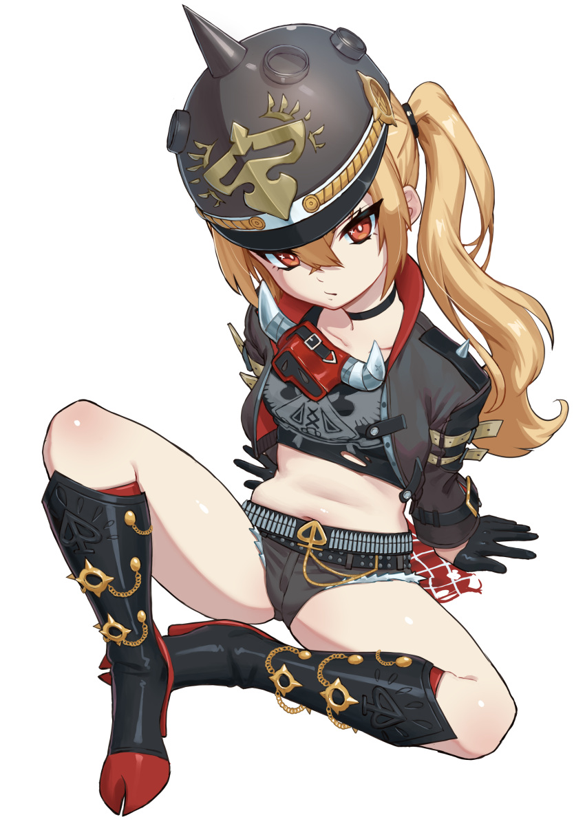 absurdres belt black_gloves blonde_hair boots carbon12th chains choker closed_mouth crop_top female gloves gold_chain half_gloves hat helmet highres jacket leather leather_jacket long_hair lucy_(zenless_zone_zero) midriff navel red_eyes side_ponytail solo zenless_zone_zero