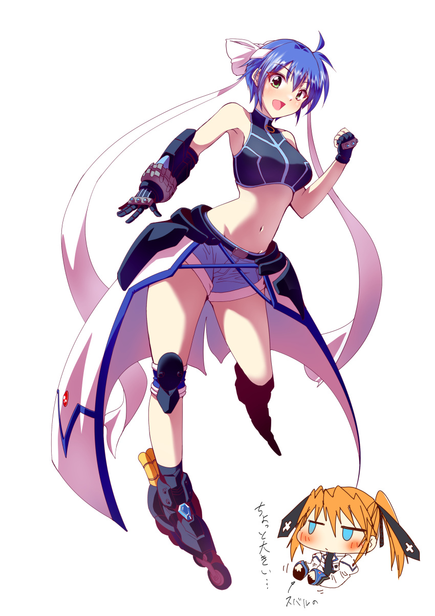 2girls absurdres black_gloves blue_hair blue_shorts blush breasts full_body gloves green_eyes hair_ribbon highres lyrical_nanoha magical_girl mahou_shoujo_lyrical_nanoha_strikers medium_hair midriff multiple_girls navel open_mouth orange_hair ribbon roller_skates ryokasaka short_hair short_shorts shorts simple_background skates small_breasts smile subaru_nakajima teana_lanster tomboy twintails white_background