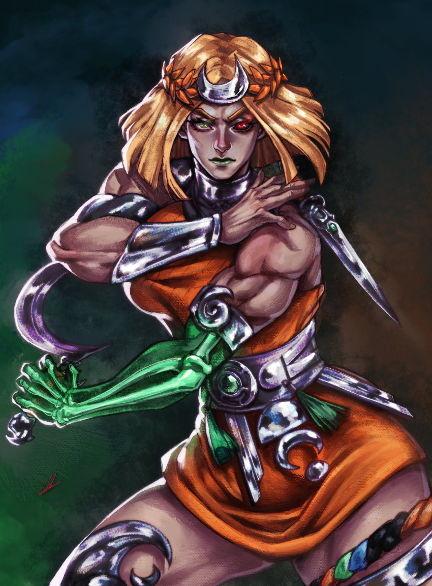 asymmetrical_dual_wielding az_ciam belt blonde_hair dress dual_wielding female glowing glowing_eyes gorget green_eyes green_lips hades_(series) hades_2 highres holding holding_knife knife laurel_crown looking_at_viewer melinoe_(hades) muscular muscular_female orange_dress red_eyes see-through_body short_hair sickle skeletal_arm solo thick_thighs thighs vambraces