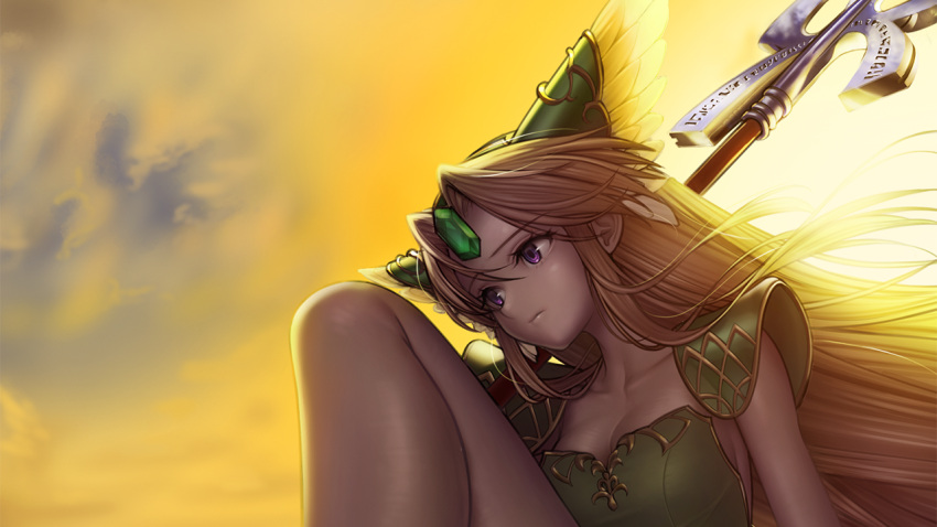 armor blonde_hair breasts cloud commentary_request female forehead_jewel helmet henkyou_(e-f-frontier.net) long_hair looking_to_the_side outdoors paid_reward_available polearm purple_eyes riesz seiken_densetsu seiken_densetsu_3 sky small_breasts solo twilight upper_body weapon winged_helmet