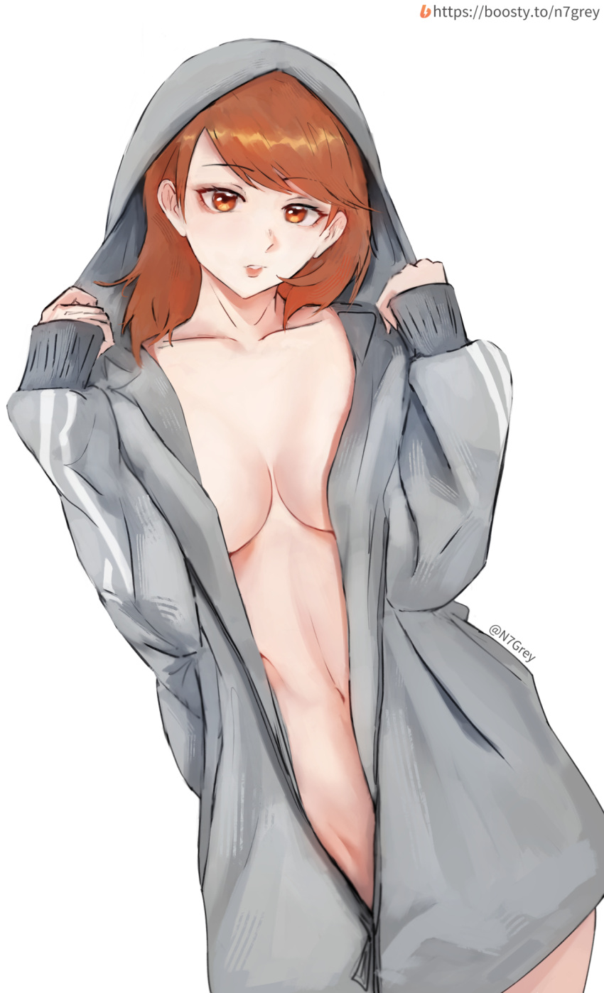 boosty_username breasts brown_eyes brown_hair collarbone cowboy_shot english_commentary female grey_hoodie highres hood hoodie long_sleeves looking_at_viewer medium_breasts medium_hair midriff n7grey naked_hoodie navel no_bra no_panties open_clothes open_hoodie parted_lips persona persona_3 persona_3_reload simple_background solo stomach swept_bangs twitter_username white_background yukari_takeba