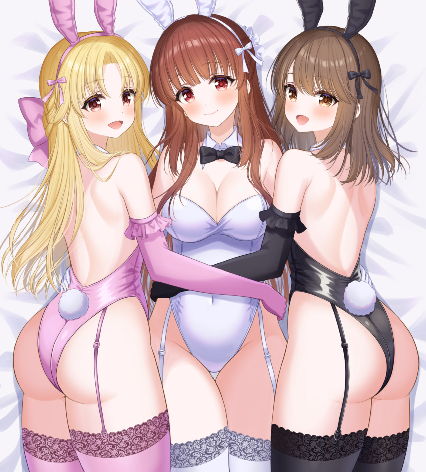 3girls amatsu_kanata animal_ears ass backless_outfit black_bow black_bowtie black_gloves black_leotard black_thighhighs blonde_hair bow bowtie breasts brown_eyes brown_hair cleavage commission cowboy_shot detached_collar elbow_gloves frilled_gloves frills garter_straps girlfriend_(kari) gloves highres hiiragi_kei large_breasts leotard long_hair lying multiple_girls pink_eyes pink_thighhighs playboy_bunny rabbit_ears rabbit_tail red_eyes sasahara_nonoka shiina_kokomi short_hair skeb_commission strapless strapless_leotard tail thighhighs white_leotard white_thighhighs