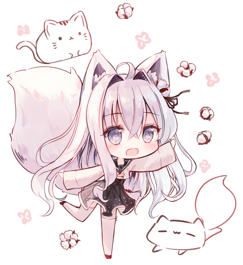 ahoge animal animal_ears black_ribbon black_sailor_collar black_skirt blush chibi commentary_request feline female flower fox_ears fox_girl fox_tail hair_between_eyes hair_flower hair_intakes hair_ornament hair_ribbon highres long_hair long_sleeves open_mouth original outstretched_arms ping_myu_ring_(tandohark) pleated_skirt purple_eyes red_footwear ribbon sailor_collar school_uniform serafuku shirt simple_background skirt solo standing standing_on_one_leg tail tandohark thighhighs very_long_hair white_background white_flower white_hair white_shirt white_thighhighs wide_sleeves