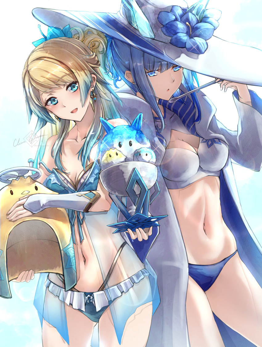 2girls absurdres adapted_costume alternate_costume bare_shoulders bikini blonde_hair blue_eyes blue_hair blush breasts clear_glass_(mildmild1311) cleavage clothing_cutout collarbone commentary_request earrings fire_emblem fire_emblem_heroes fjorm_(fire_emblem) flower food gradient_clothes gradient_hair hair_ornament hat hibiscus highres holding ice_cream ice_cream_cup jewelry long_hair long_sleeves looking_at_viewer medium_breasts multicolored_hair multiple_girls navel nifl_(fire_emblem) nifl_(summer)_(fire_emblem) open_mouth see-through signature simple_background smile spoon stomach sun_hat swimsuit two-tone_hair white_background