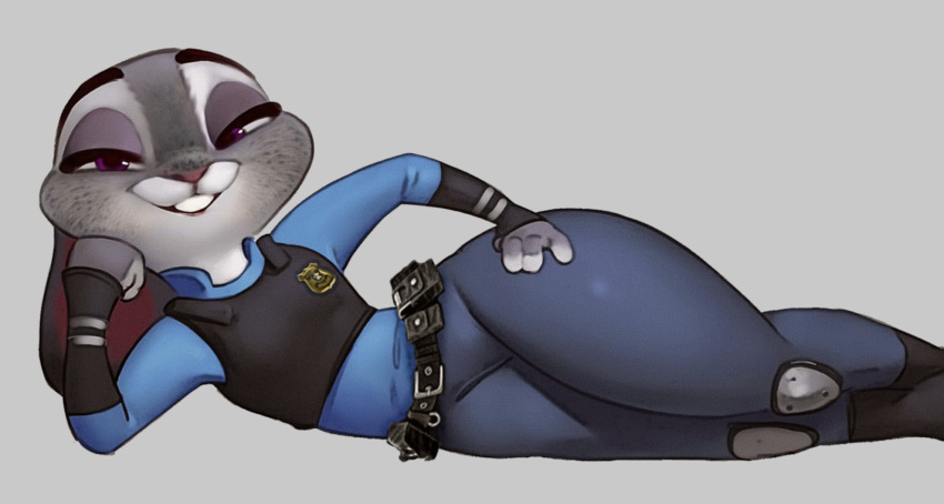 anthro belt big_hips bottom_heavy buck_teeth clothed clothing cop disney edit edited furry hand_on_chin hips judy_hopps laying_on_side leaning_on_hand police police_badge police_officer police_uniform policewoman pose posing qupostuv35 small_breasts smiling tactical_gear vest zootopia