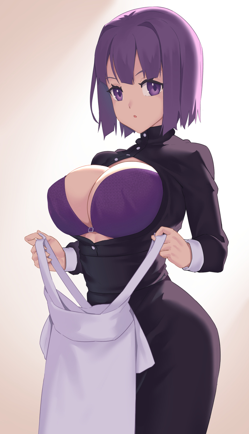 absurdres apron black_dress blush bra breasts cleavage dress female highres jilu large_breasts long_sleeves looking_at_viewer open_mouth original purple_bra purple_eyes purple_hair short_hair solo underwear white_apron