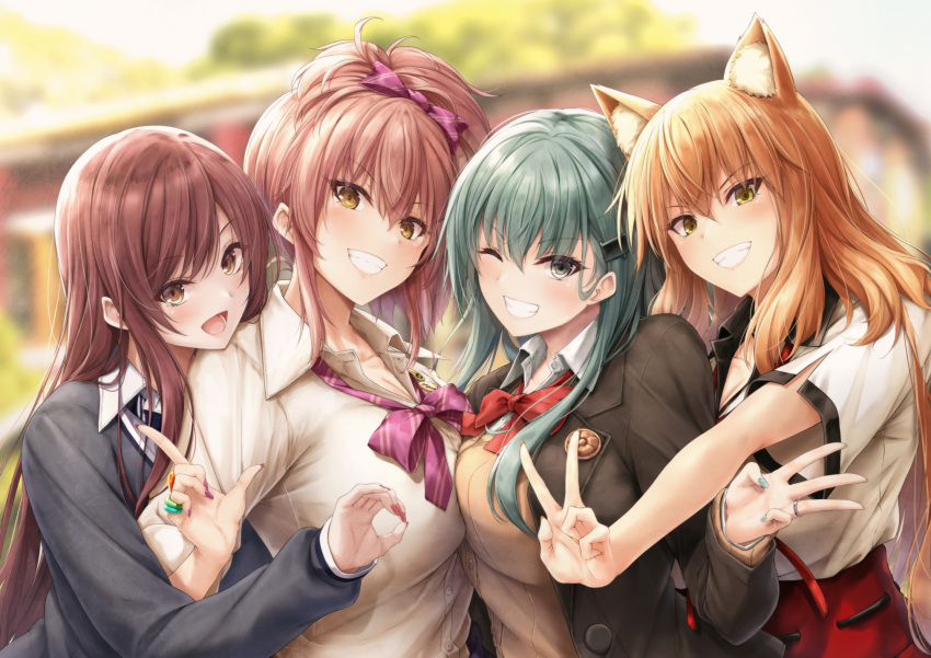 4girls animal_ears blonde_hair blush bow bowtie breasts brown_cardigan brown_eyes brown_hair brown_jacket cardigan cleavage collared_shirt crossover fate/extra fate/extra_ccc fate/extra_ccc_fox_tail fate_(series) fingernails fox_ears green_eyes green_hair green_nails grin hair_between_eyes hair_ornament hairclip highres idolmaster idolmaster_cinderella_girls idolmaster_shiny_colors jacket jewelry jougasaki_mika kantai_collection large_breasts long_hair long_sleeves multiple_crossover multiple_girls nail_polish neck_ribbon one_eye_closed open_mouth osaki_amana pink_bow pink_bowtie pink_hair pink_nails red_ribbon ribbon ring shirt smile suien suzuka_gozen_(fate) suzuya_(kancolle) suzuya_kai_ni_(kancolle) v wedding_ring white_shirt yellow_eyes