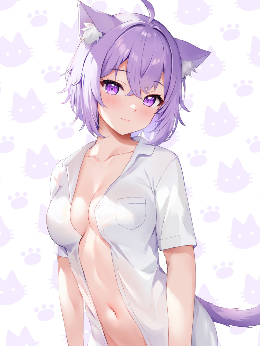 ahoge animal_ear_fluff animal_ears breasts cat_ears cat_girl cat_tail collarbone emmett female groin hair_between_eyes highres hololive looking_at_viewer medium_breasts naked_shirt navel nekomata_okayu nekomata_okayu_(oversized_shirt) official_alternate_costume purple_eyes purple_hair shirt short_hair simple_background solo tail upper_body virtual_youtuber white_shirt